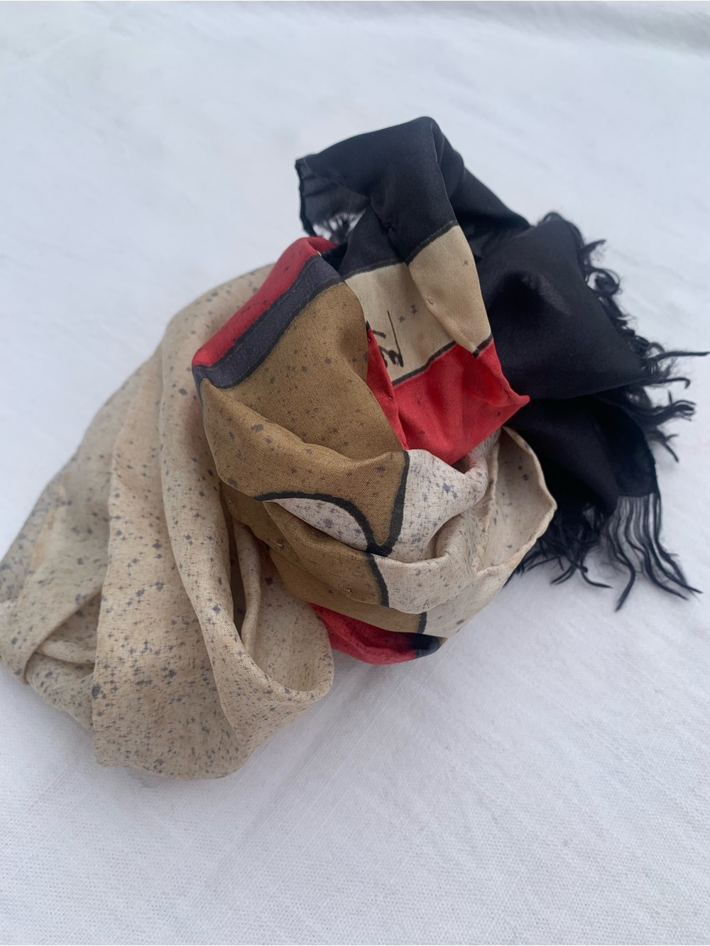 Vintage Signed Lesley King Abstract Colorblock Silk Scarf Fringed 10x46